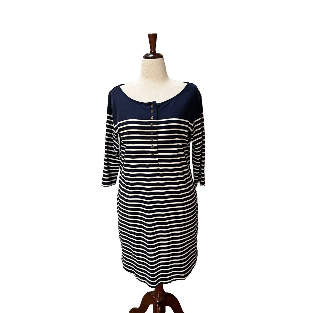 Navy Blue/White Striped Knee Length Dress with Pockets - Nautical Cotton Large